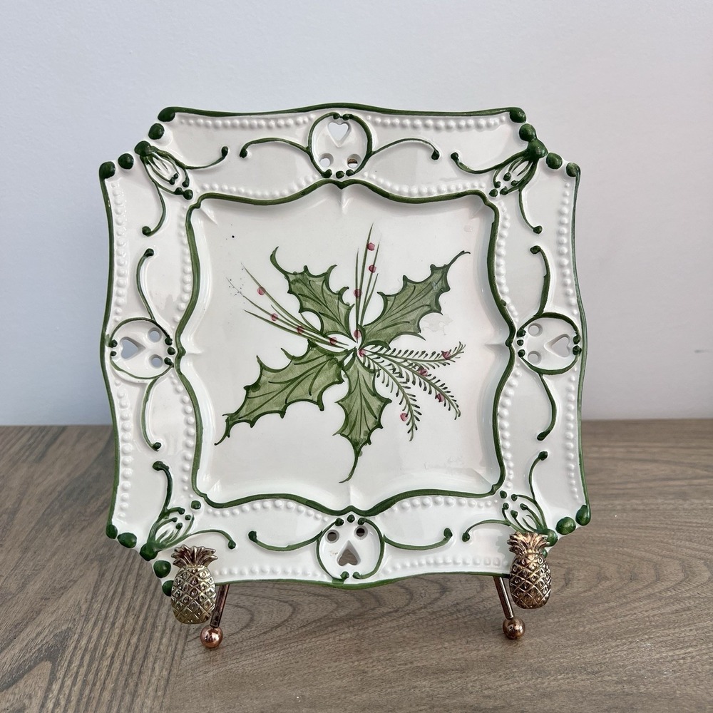 Holly square Christmas Holiday plate hand painted Portugal 7 1/2"